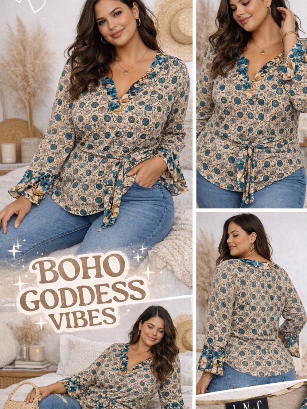INC International Concepts Teal and Cream Boho Tie-Waist Blouse